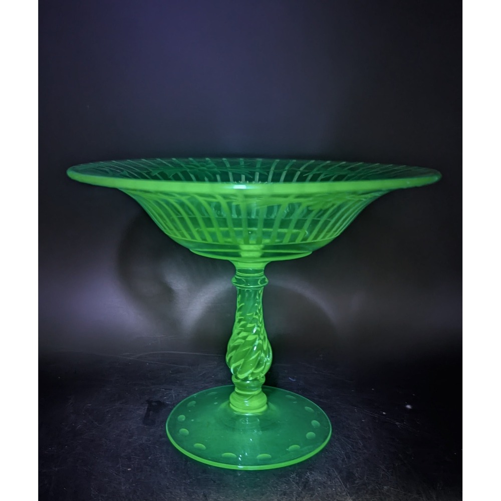 Fostoria 2327 Green Uranium Glass Compote Etched Floral Twisted Stem Glows UV